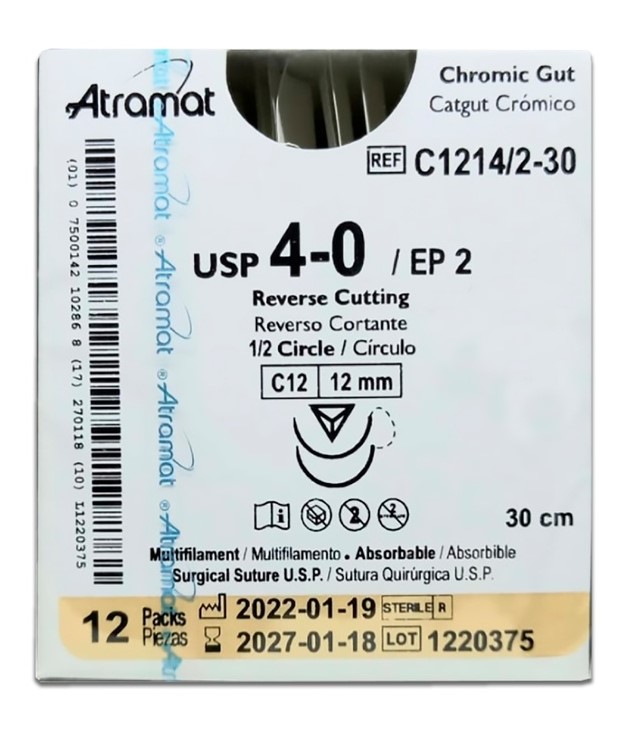 SUTURA CATGUT CROMICO 4/0 12 MM 30 CM 1/2 REVERSO CORTANTE DOBLE ARMADA PIEZA C1214/2-30 ATRAMAT