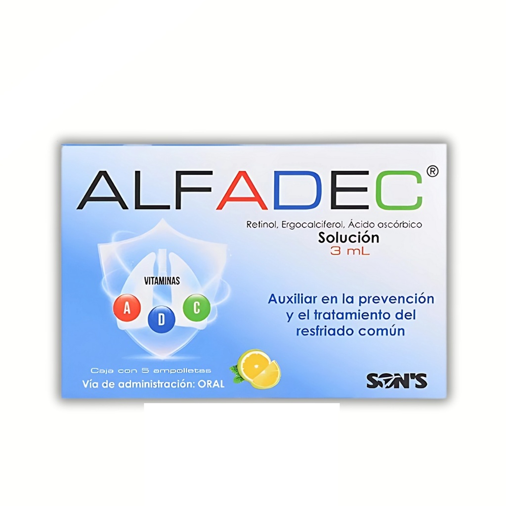 RETINOL ERGOCALCIFEROL ACIDO ASCORBICO SOL ORAL 3.3/0.03/491.09/8.56 MG/3 ML C/5 AMP ALFADEC LAB SONS