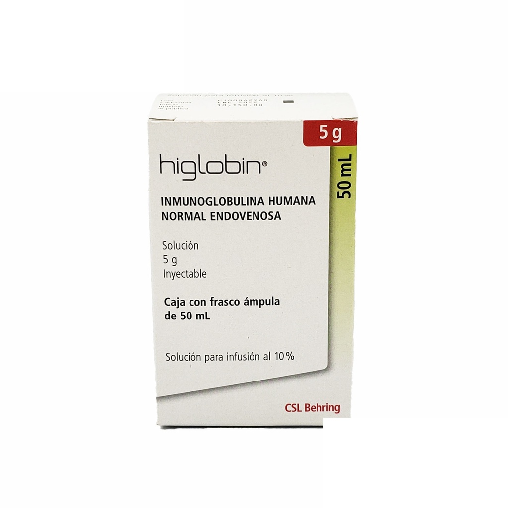 INMUNOGLOBULINA HIGLOBIN SOL INY 5G INMUNOGLOBULINA HUMANA NORMAL ENDOVENOSA C/50 ML (10%) LAB CSL BEHRING