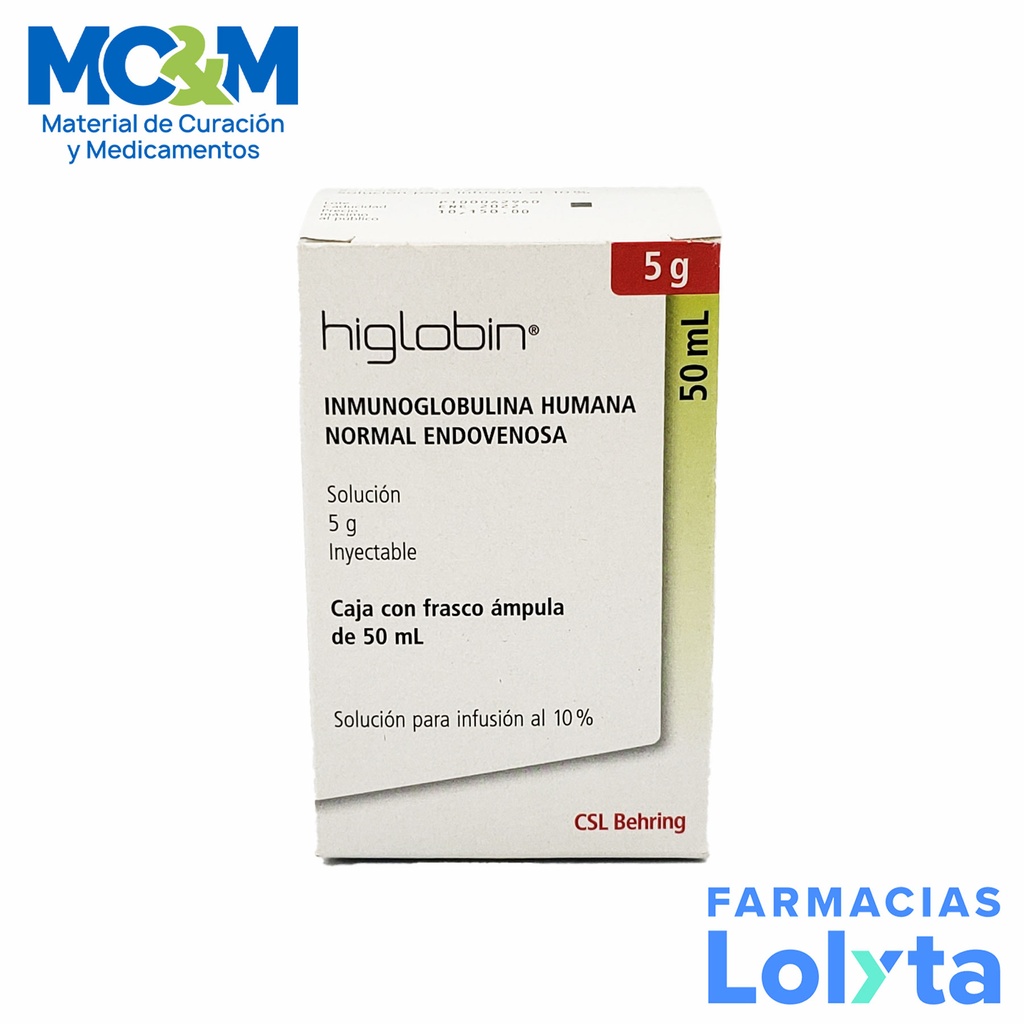 INMUNOGLOBULINA HIGLOBIN SOL INY 5G INMUNOGLOBULINA HUMANA NORMAL ENDOVENOSA C/50 ML (10%) LAB CSL BEHRING