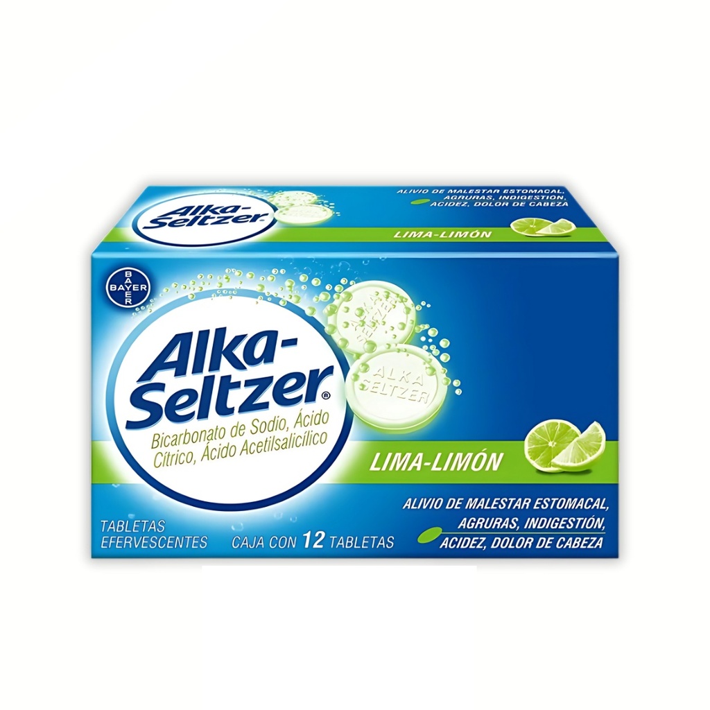 ALKA-SELTZER LIMA LIMON 1.7/1/0.325 G C/12 TAB EFERVESCENTE BICARBONATO DE SODIO ACIDO CITRICO ACIDO ACETILSALICILICO LAB BAYER