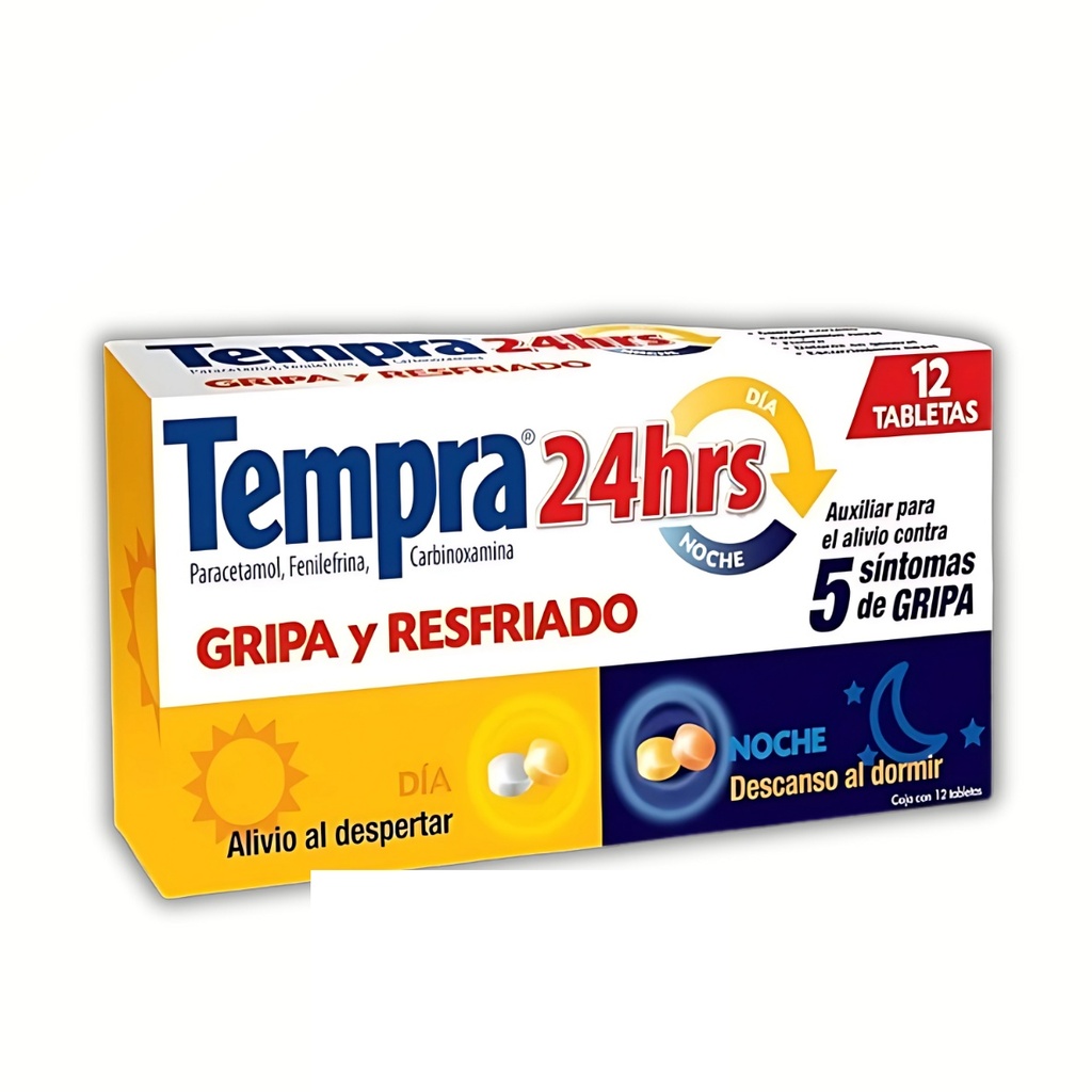 [3811] TEMPRA 24 HRS 400/20/4 MG C/12 TAB PARACETAMOL FENILEFRINA CARBINOXAMINA (BLANCA, AMARILLA, NARANJA) LAB LAB RB SALUTE