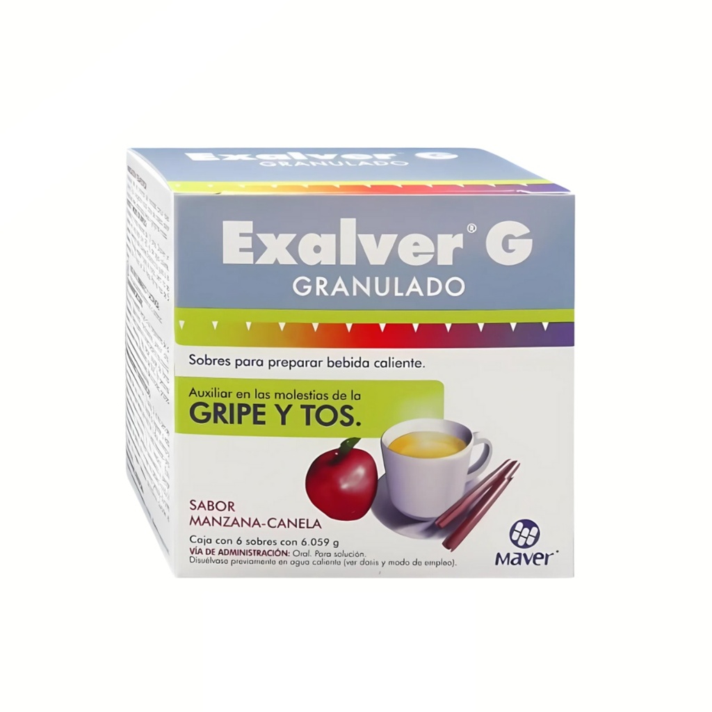 PARACETAMOL DEXTROMETORFANO FENILEFRINA CLORFENAMINA 650/20/10/4 MG C/6 SOBRES GRANULADO SABOR MANZANA CANELA EXALVER-G LAB MAVER