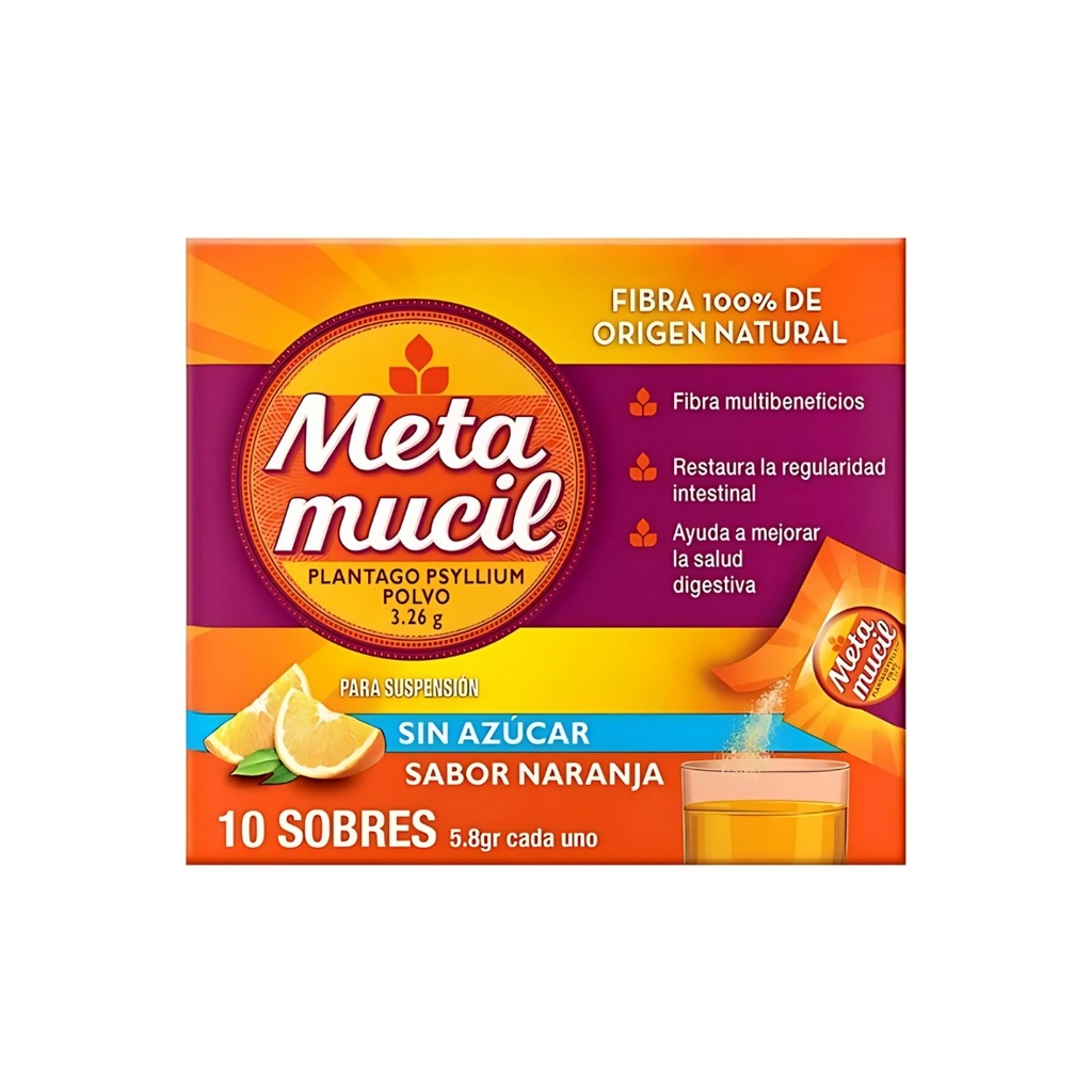 METAMUCIL POLVO 5.8 G C/10 SOBRES SABOR NARANJA PLANTAGO PSYLLIUM LAB P&G