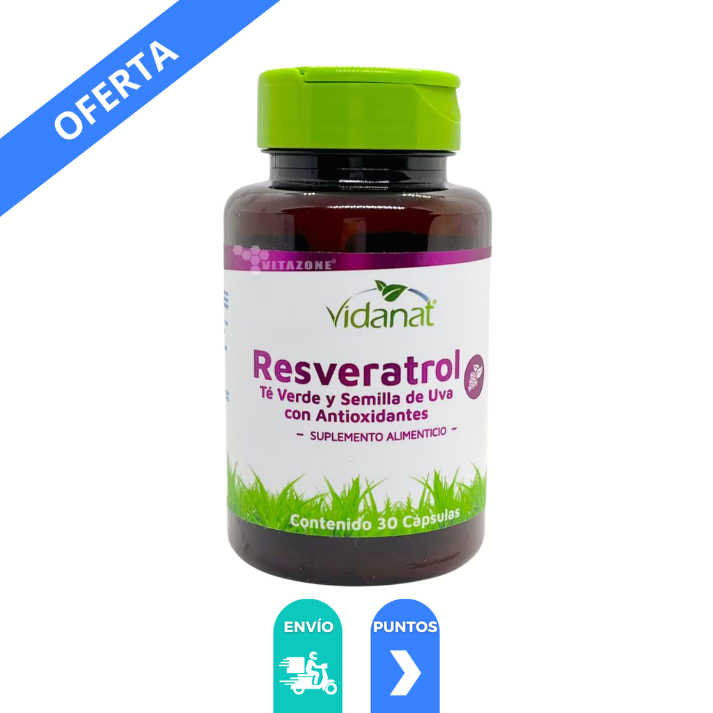 RESVERATROL C/30 CAP SUPLEMENTO ALIMENTICIO TE VERDE SEMILLA DE UVA ANTIOXIDANTES LAB VIDANAT
