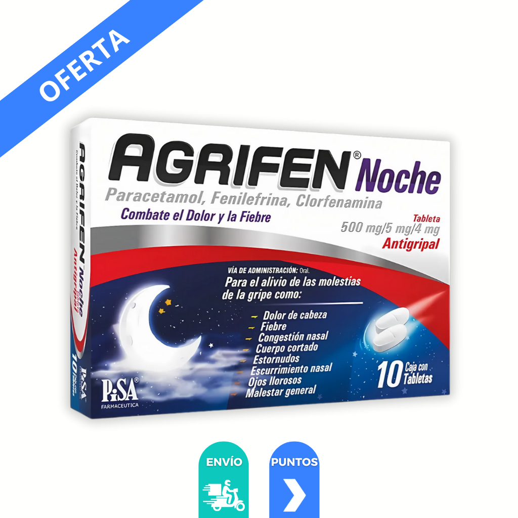 PARACETAMOL FENILEFRINA CLORFENAMINA 500/5/4 MG C/10 TAB AGRIFEN NOCHE LAB PISA