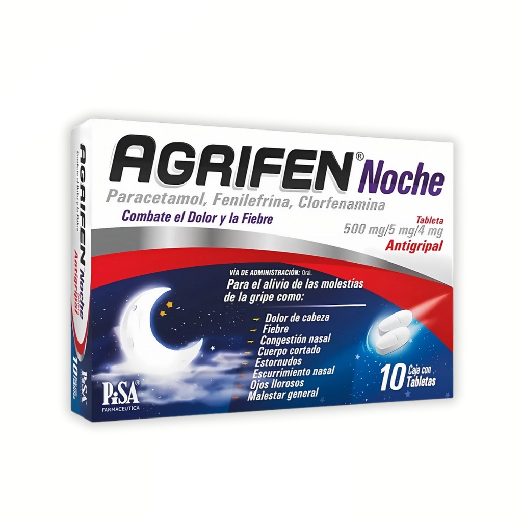 PARACETAMOL FENILEFRINA CLORFENAMINA 500/5/4 MG C/10 TAB AGRIFEN NOCHE LAB PISA