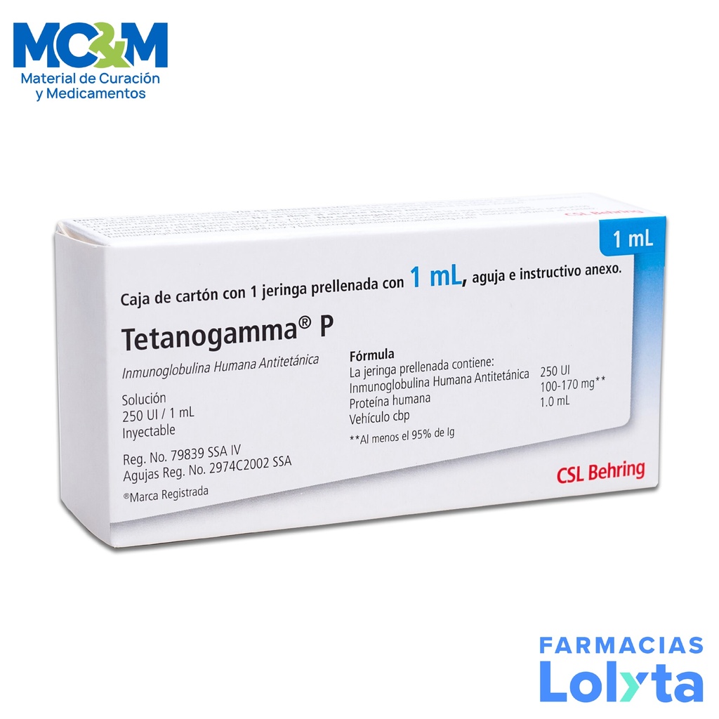 TETANOGAMMA P 250 UI/ML C/1 JERINGA PRELLENADA INMUNOGLOBULINA HUMANA ANTITETANICA VACUNA LAB CSL BEHRING (RF)