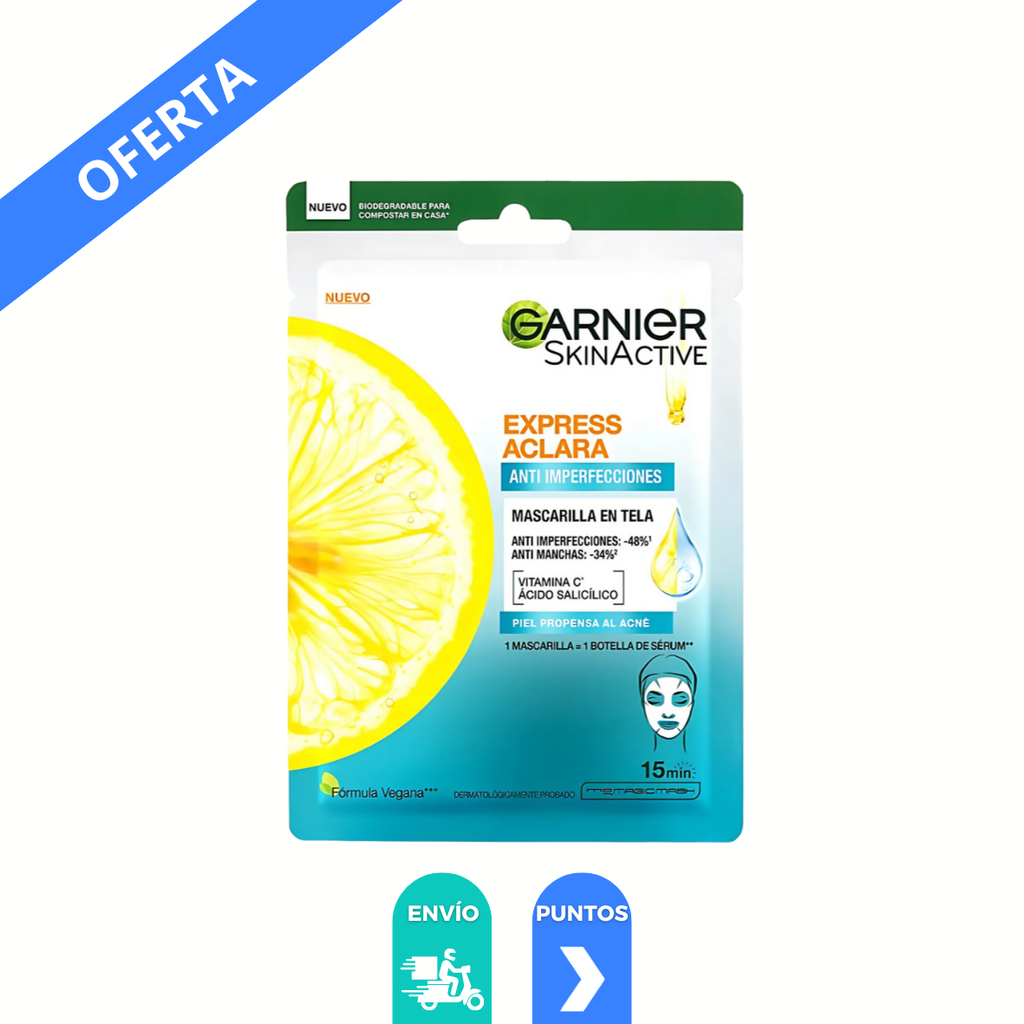 SKIN ACTIVE MASCARILLA EXPRESS ACLARA VITAMINA C ACIDO SALICILICO PIEL PROPENSA AL ACNE GARNIER
