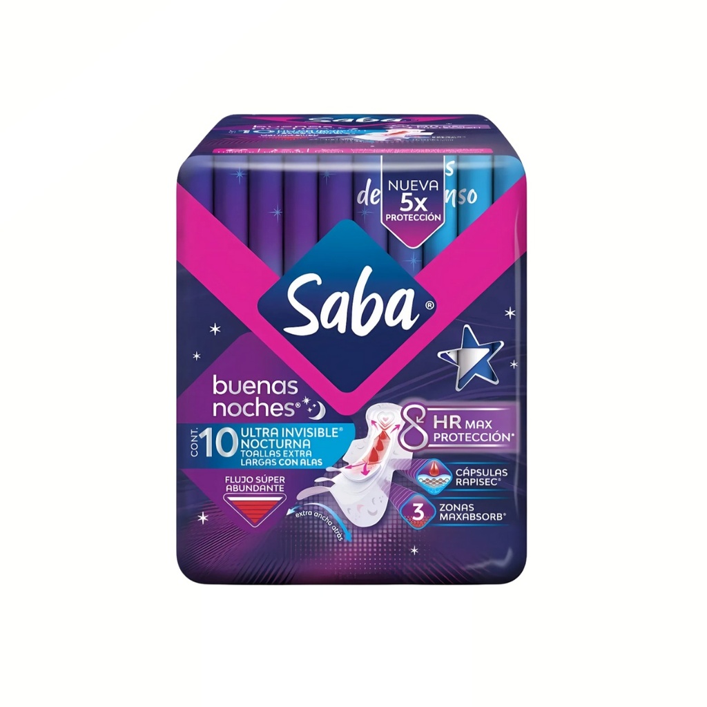 SABA ULTRA INVISIBLE NOCTURNA FLUJO SUPER ABUNDANTE C/10 TOALLAS CON ALAS ESSITY