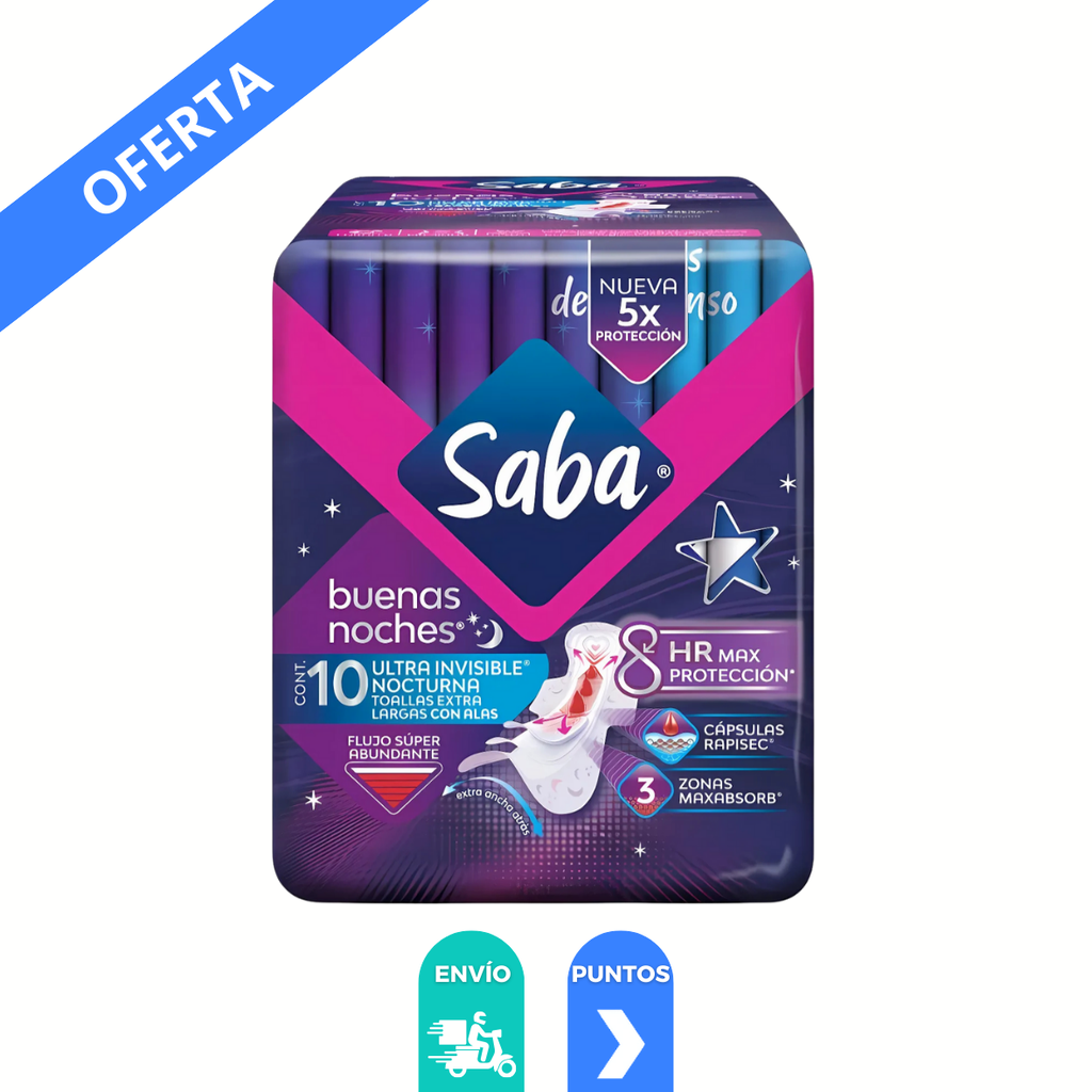 SABA ULTRA INVISIBLE NOCTURNA FLUJO SUPER ABUNDANTE C/10 TOALLAS CON ALAS ESSITY