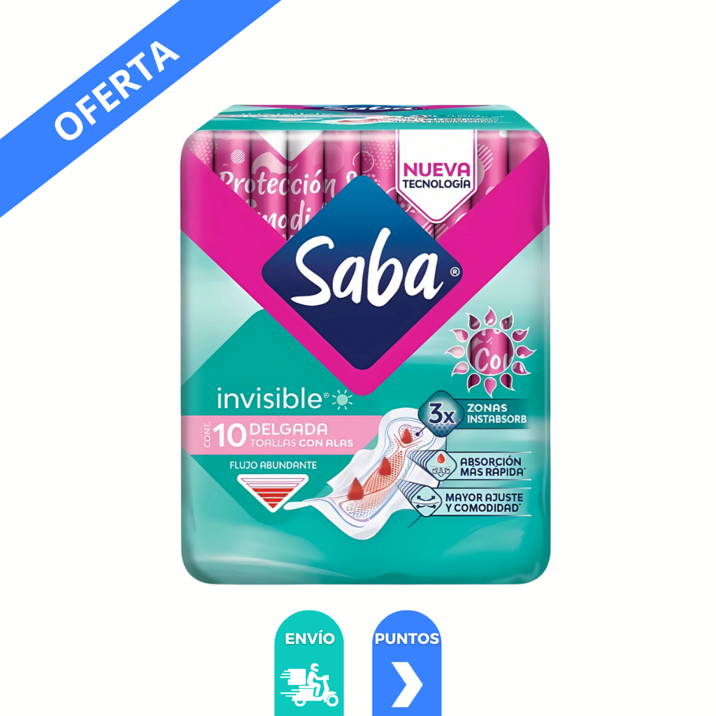 SABA INVISIBLE FLUJO ABUNDANTE C/10 TOALLAS CON ALAS ESSITY