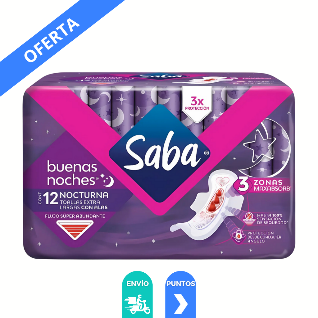 SABA NOCTURNA EXTRA LARGA CON ALAS FLUJO SUPER ABUNDANTE C/12 TOALLAS ESSITY