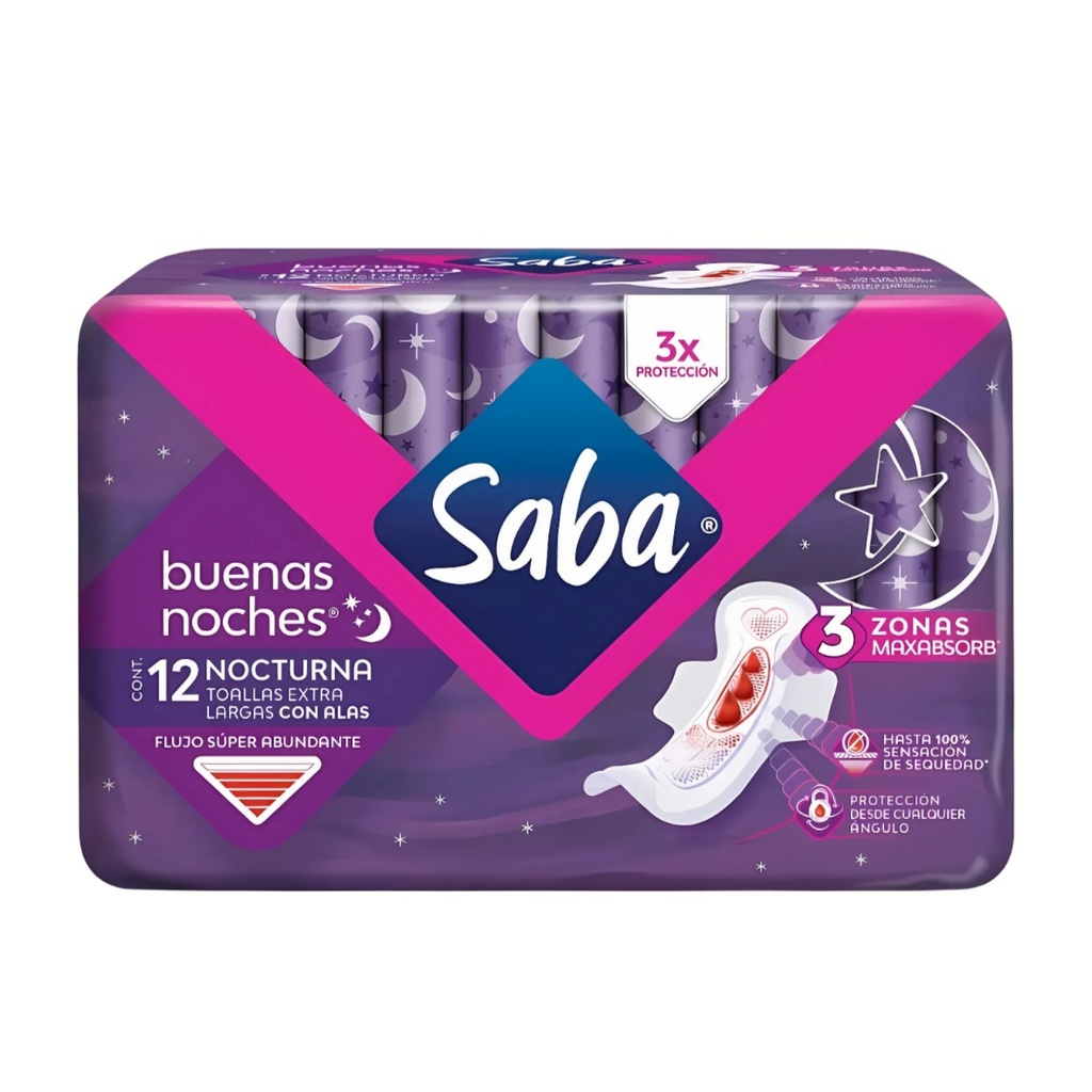 SABA NOCTURNA EXTRA LARGA CON ALAS FLUJO SUPER ABUNDANTE C/12 TOALLAS ESSITY