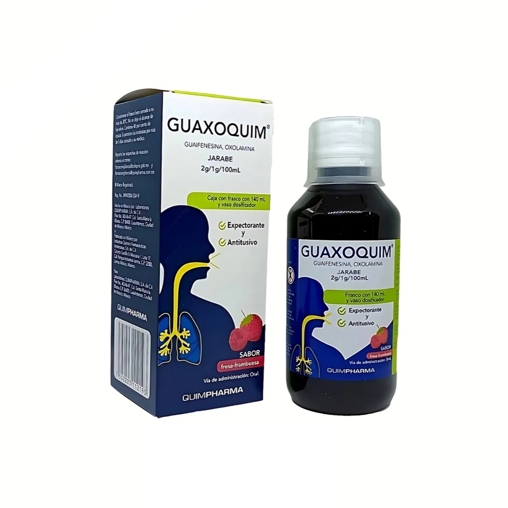 GUAIFENESINA OXOLAMINA JARABE 2/1 G/100 ML FCO C/140 ML SABOR FRESA-FRAMBUESA GUAXOQUIM LAB QUIMPHARMA