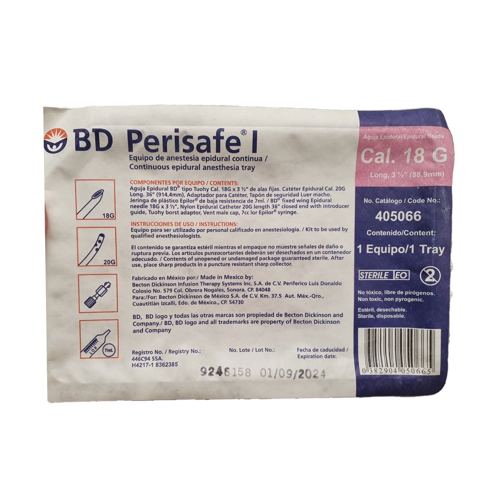 PERISAFE I CAL 18G X 3 1/2IN EQ DE ANESTESIA EPIDURAL BD 405066