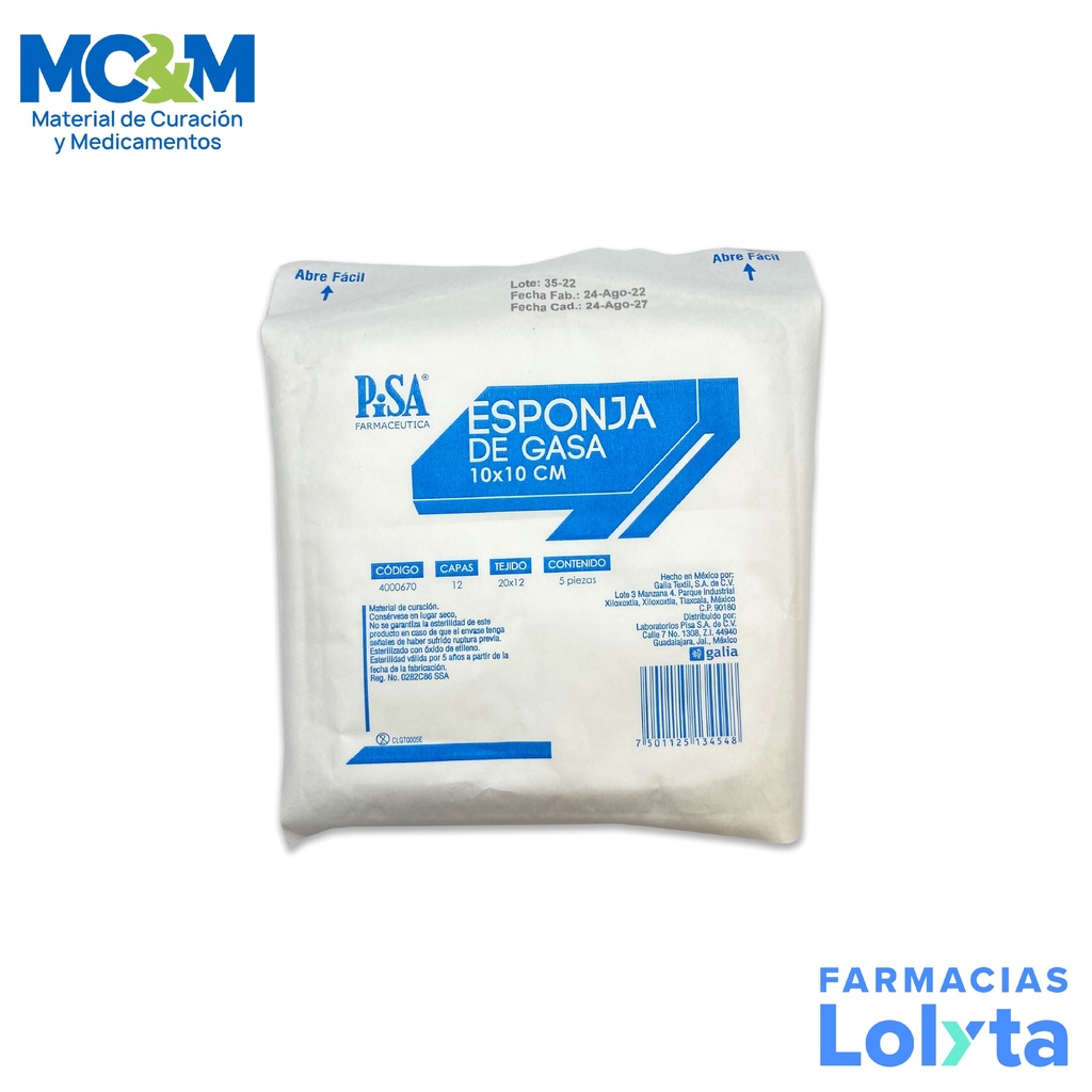 [368] ESPONJA DE GASA 10X10 CM C/5 PZAS ESTERIL TEJ 20X12 SIN MEDIO LAB PISA