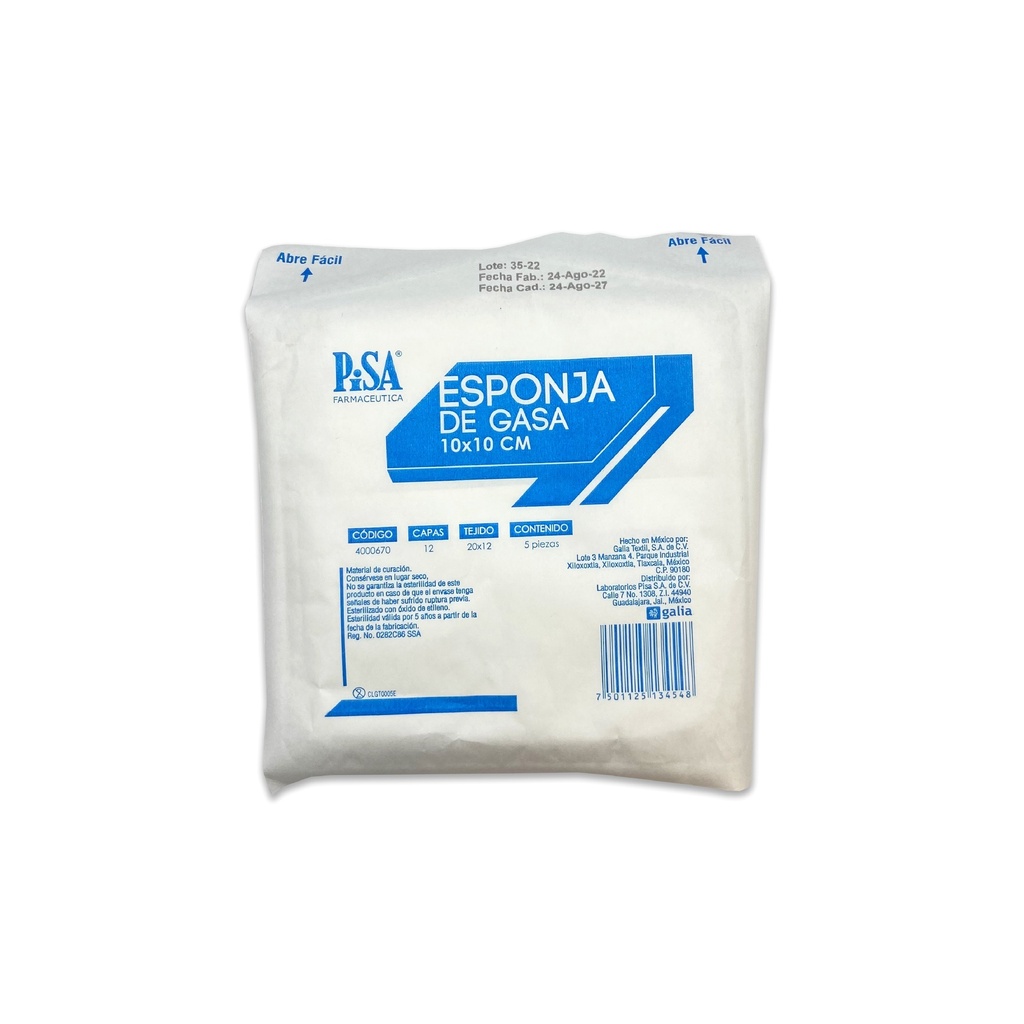 ESPONJA DE GASA 10X10 CM C/5 PZAS ESTERIL TEJ 20X12 SIN MEDIO LAB PISA