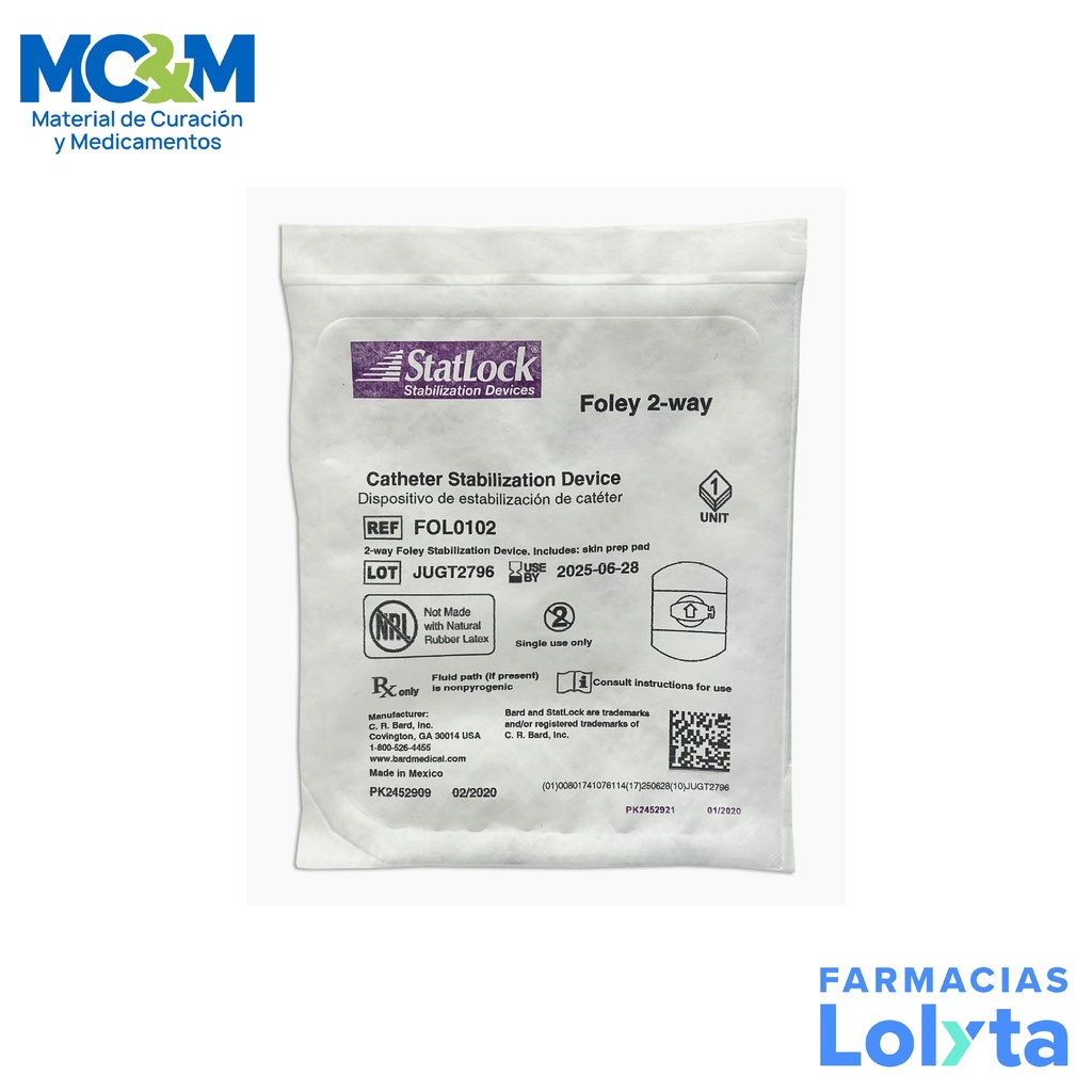 SUJETADOR DE SONDA FOLEY 8 A 26 FR C/1 PZA STATLOCK REF FOL0102