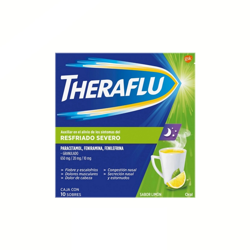THERAFLU RESFRIADO SEVERO 650/20/10 MG C/10 SOBRES GRANULADO SABOR LIMON PARACETAMOL FENIRAMINA FENILEFRINA LAB HALEON