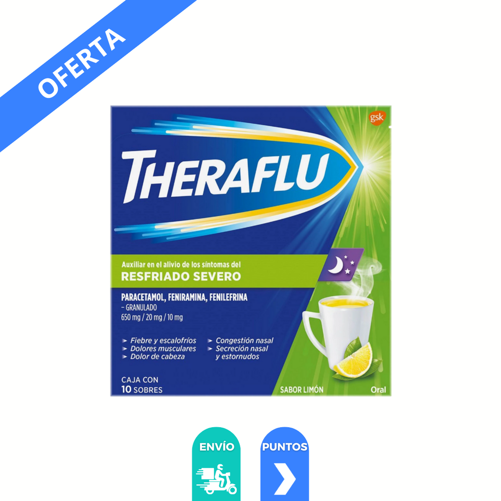 THERAFLU RESFRIADO SEVERO 650/20/10 MG C/10 SOBRES GRANULADO SABOR LIMON PARACETAMOL FENIRAMINA FENILEFRINA LAB HALEON