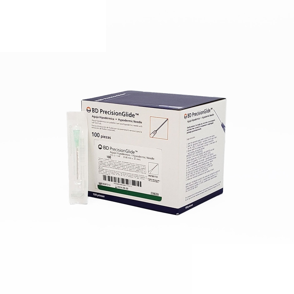 AGUJA HIPODERMICA 21G X 32 MM C/100 VERDE BD