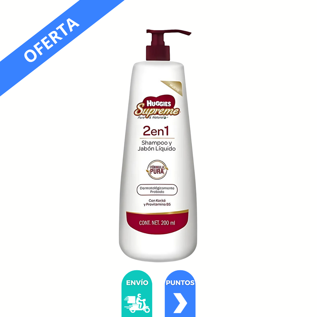 [4283] SHAMPOO Y JABON LIQUIDO 200 ML CON KARITE Y PROVITAMINA B5 HUGGIES SUPREME 2 EN 1 KIMBERLY-CLARK