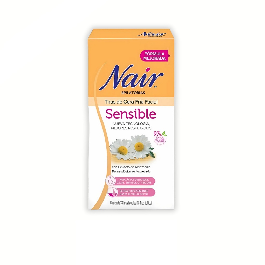 [4409] TIRAS DE CERA FRIA FACIAL SENSIBLE C/36 PZAS CON EXTRACTO DE MANZANILLA NAIR LAB CHURCH&DWIGHT