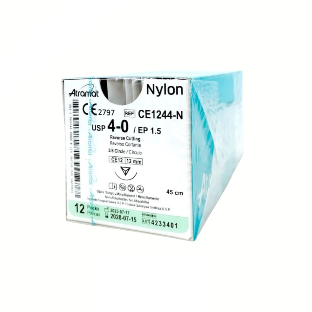 [4440] SUTURA NYLON 4/0 12 MM 45 CM 3/8 REVERSO CORTANTE PIEZA CE1244-N ATRAMAT