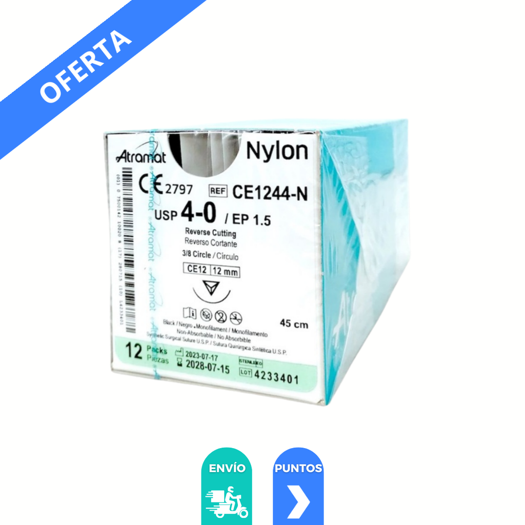 SUTURA NYLON 4/0 12 MM 45 CM 3/8 REVERSO CORTANTE PIEZA CE1244-N ATRAMAT