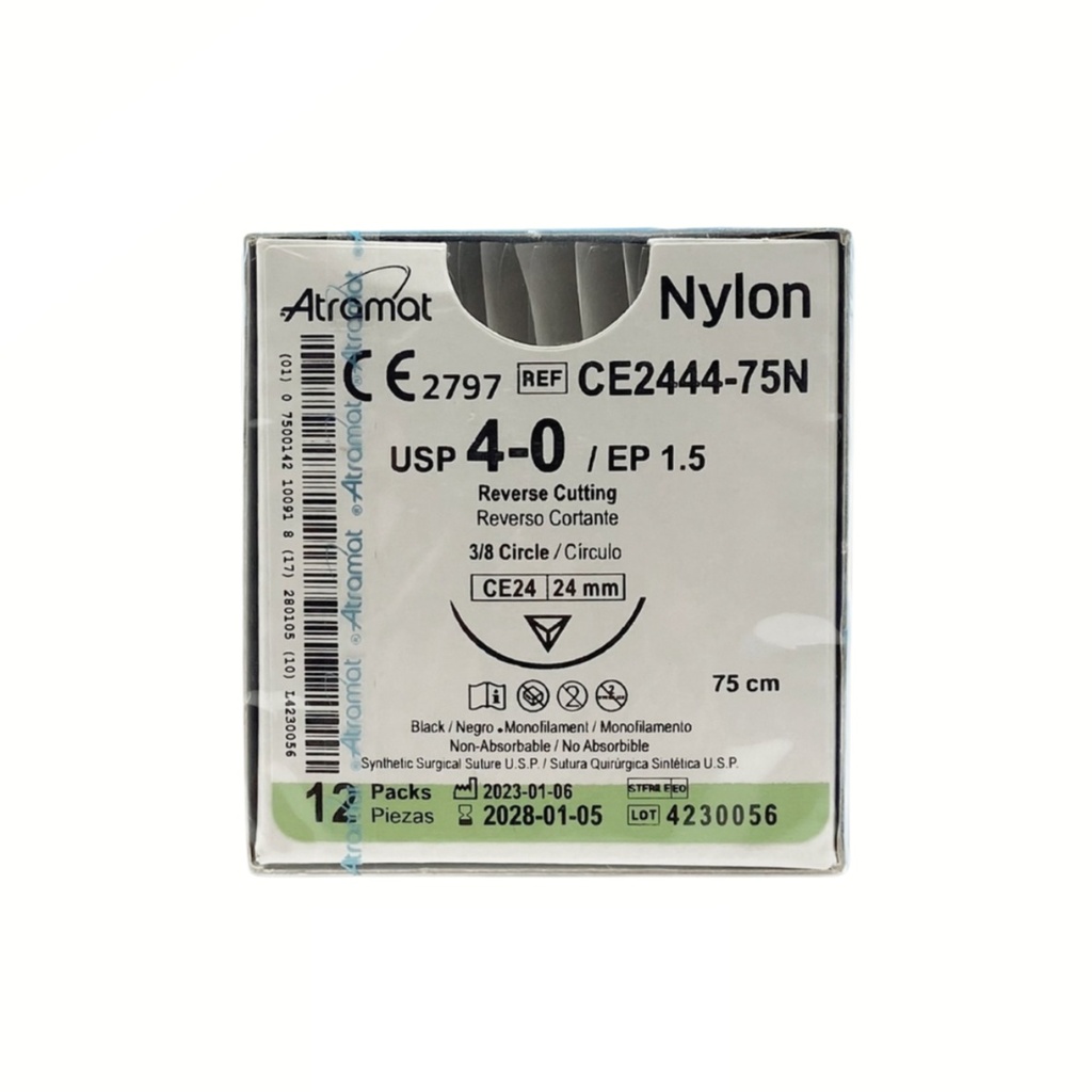 [4441] SUTURA NYLON 4/0 24 MM 75 CM 3/8 REVERSO CORTANTE PIEZA CE2444-75N ATRAMAT