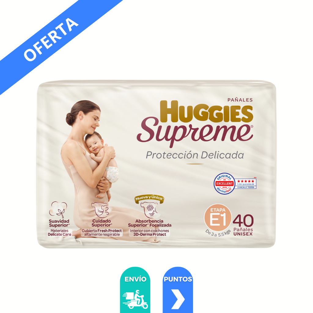 PAÑAL HUGGIES SUPREME ETAPA 1 C/40 PZAS UNISEX KIMBERLY CLARK