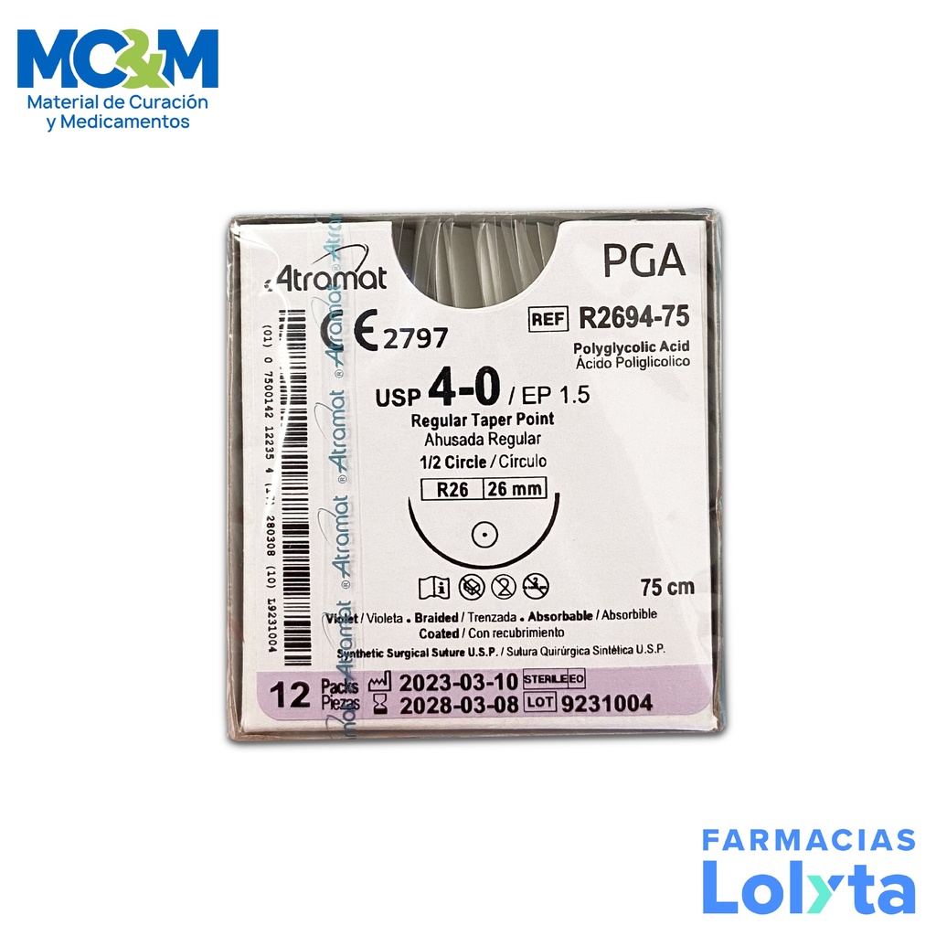 [1342] SUTURA ACIDO POLIGLICOLICO 4/0 26 MM 75 CM 1/2 AHUSADA REGULAR REDONDA C/12 R2694-75 ATRAMAT PGA
