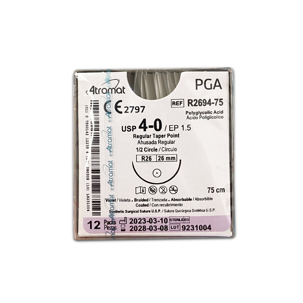 [1342] SUTURA ACIDO POLIGLICOLICO 4/0 26 MM 75 CM 1/2 AHUSADA REGULAR REDONDA C/12 R2694-75 ATRAMAT PGA