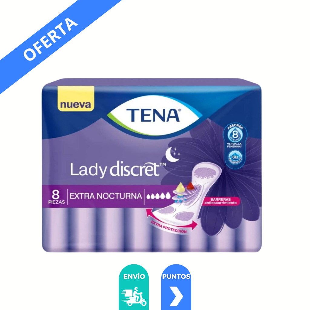 TENA LADY DISCRET EXTRA NOCTURNA C/8 PZAS TOALLAS PARA GOTEOS SUPER ABUNDANTES LAB ESSITY