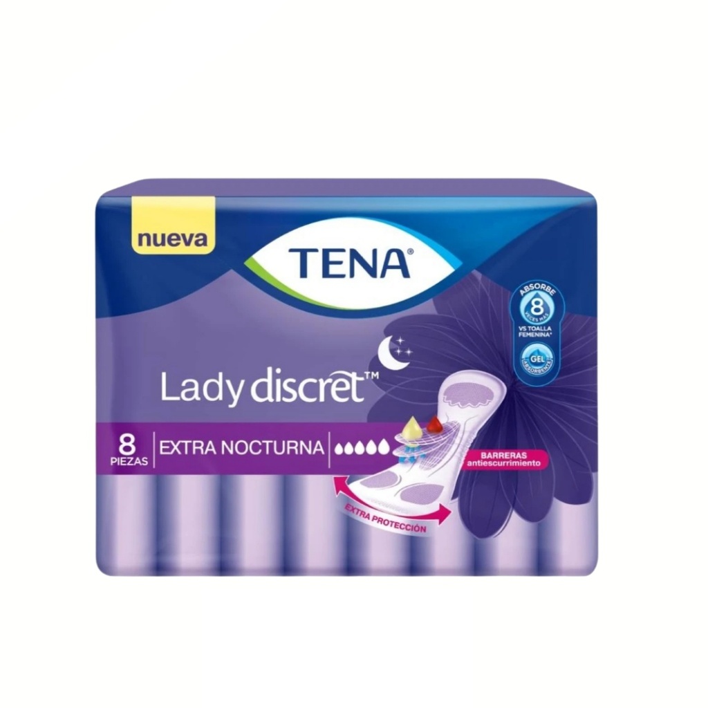 [4544] TENA LADY DISCRET EXTRA NOCTURNA C/8 PZAS TOALLAS PARA GOTEOS SUPER ABUNDANTES LAB ESSITY