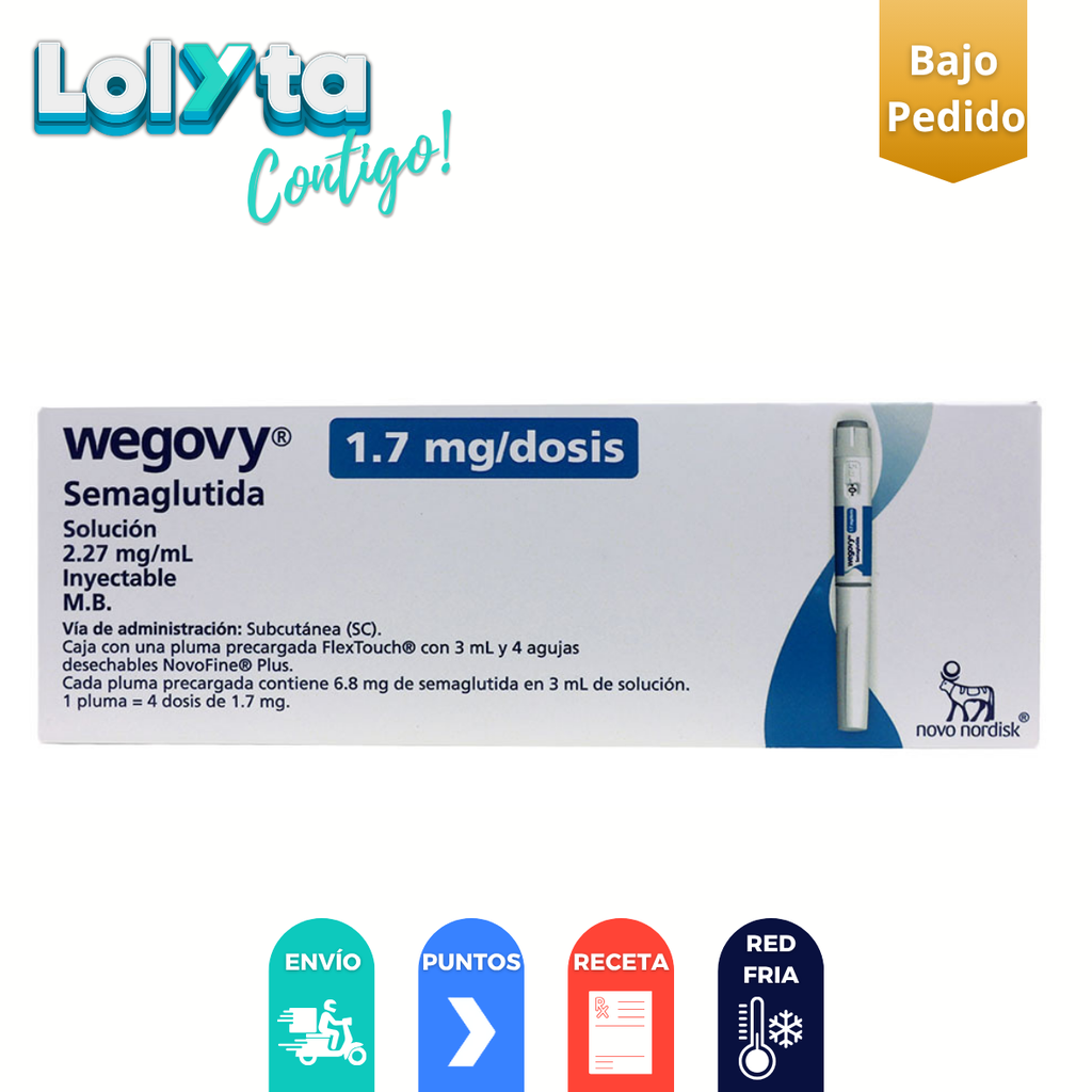 WEGOBY (1.7 MG/DOSIS) SOL INY 2.27 MG/ML PLUMA PRECARGADA 3 ML C/4 AGUJAS SEMAGLUTIDA LAB NOVO NORDISK