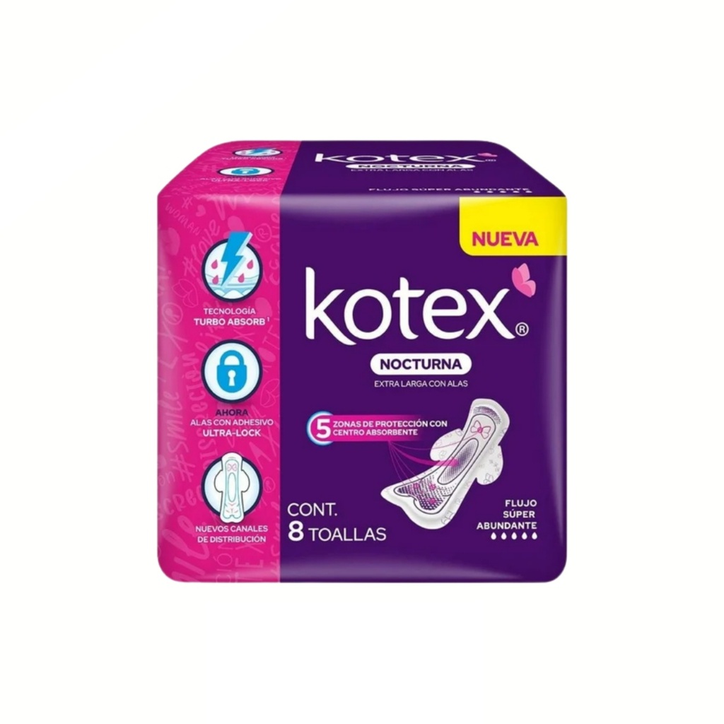 KOTEX NOCTURNA EXTRA LARGA CON ALAS FLUJO SUPER ABUNDANTE C/8 TOALLAS KIMBERLY CLARK
