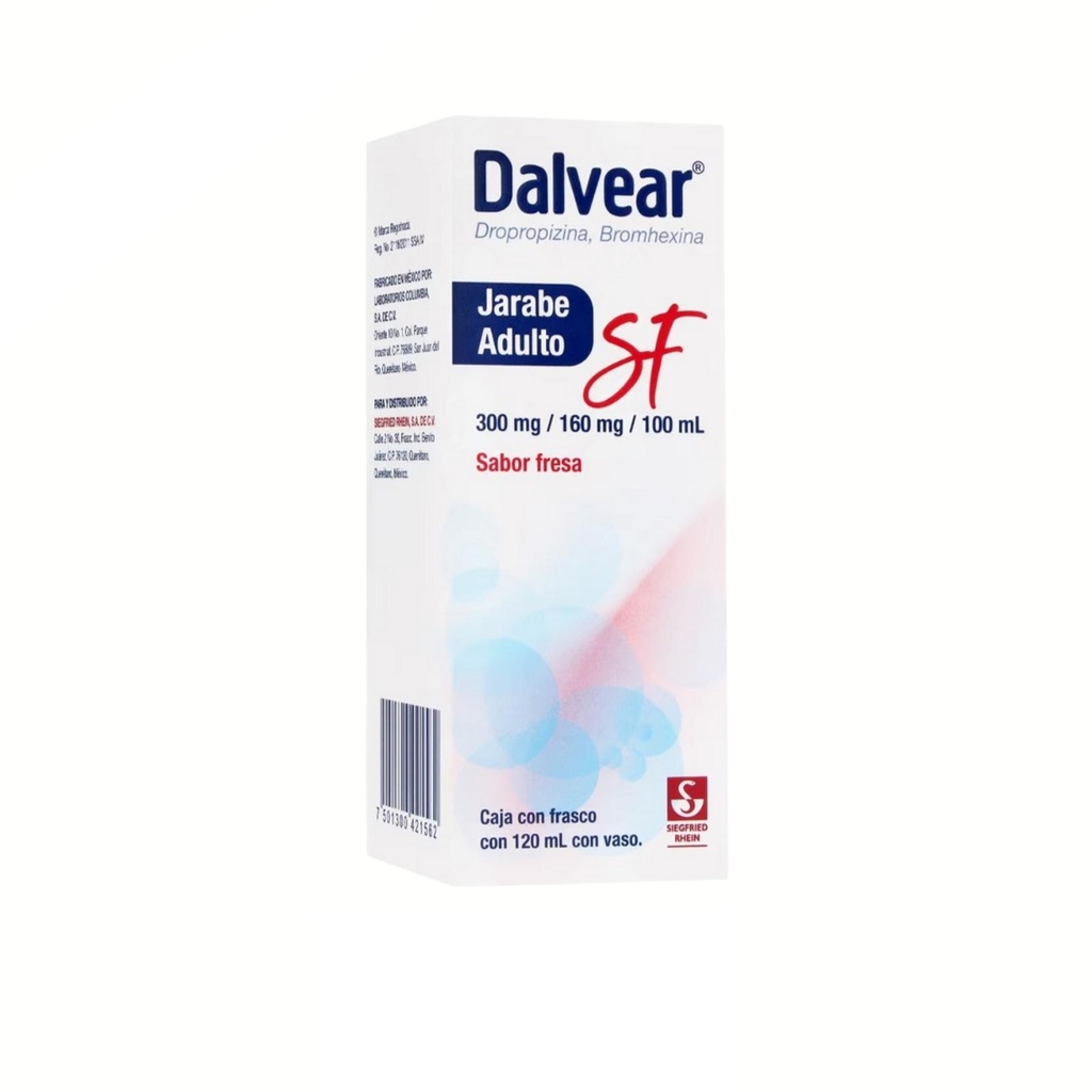 DALVEAR SF JARABE ADULTO 300/160 MG/100 ML FCO C/120 ML SABOR FRESA DROPROPIZINA BROMHEXINA LAB SIEGFRIED RHEIN