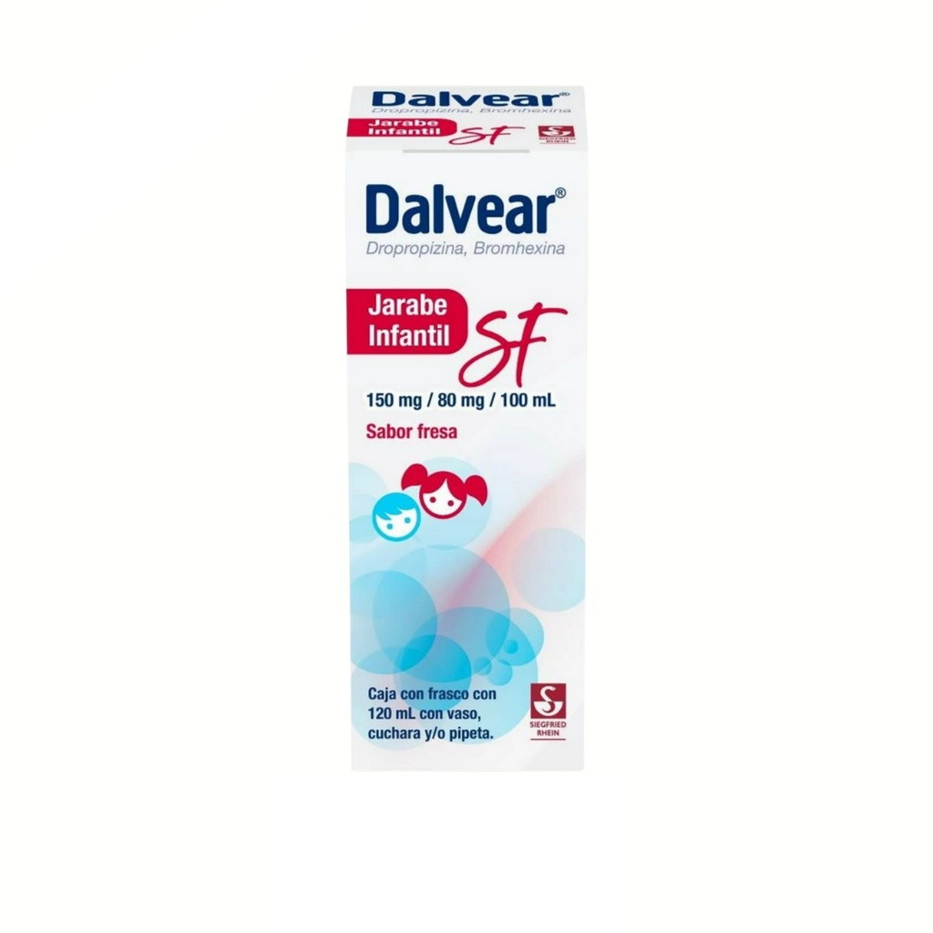 DALVEAR SF JARABE INFANTIL 150/80 MG/100 ML FCO C/120 ML SABOR FRESA DROPROPIZINA BROMHEXINA LAB SIEGFRIED RHEIN