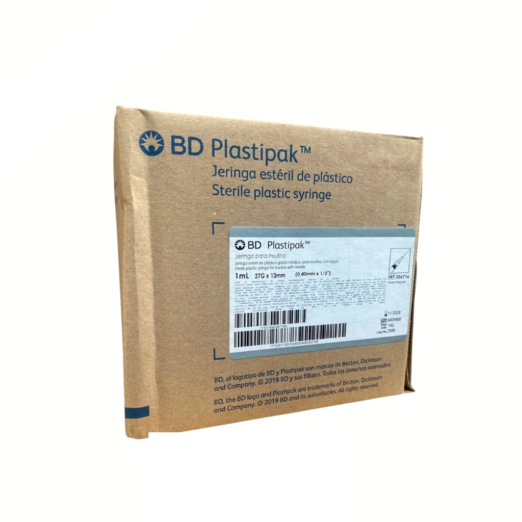 JERINGA PARA INSULINA 1 ML 27 X 13 C/A C/100 PZAS GRIS REF 326716 PLASTIPAK BD