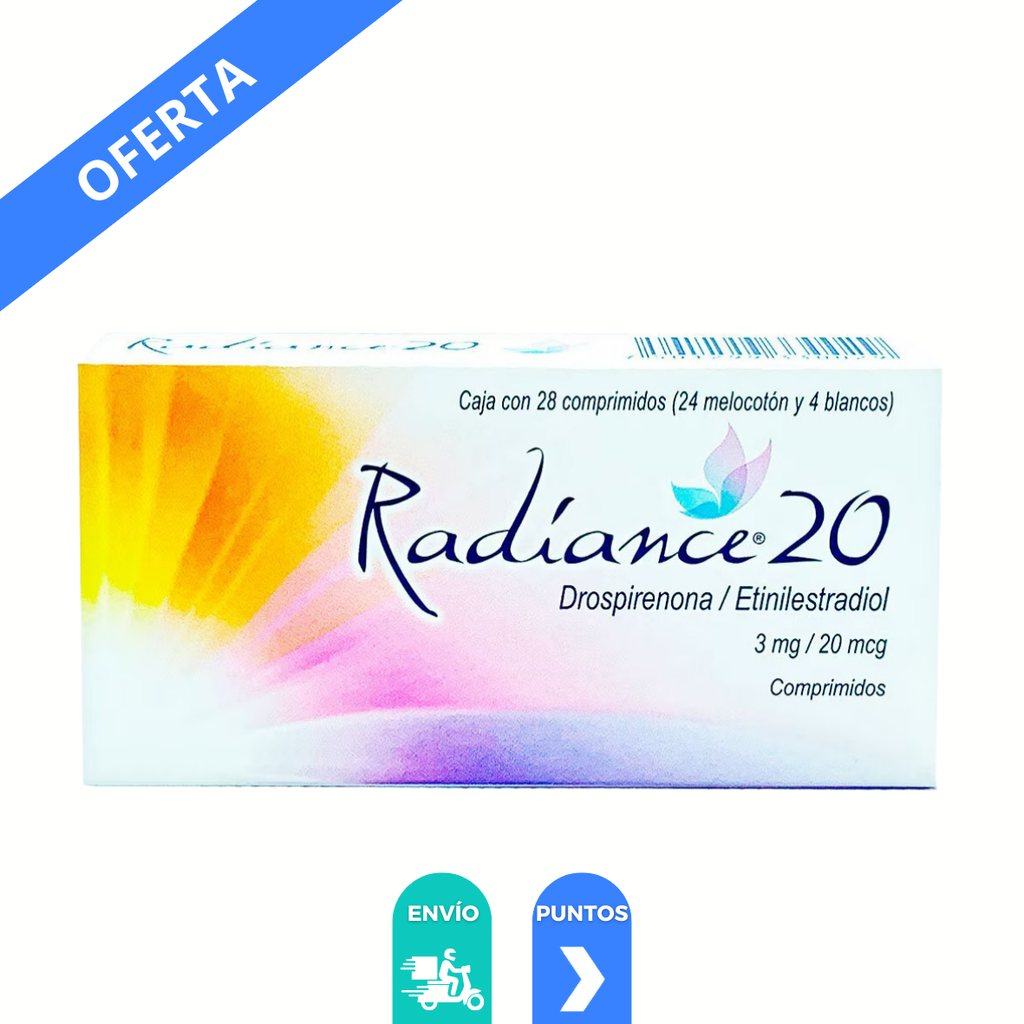 RADIANCE 20 3 MG/20 MCG C/28 COMPRIMIDOS (24 MELOCOTON 4 BLANCOS) DROSPIRENONA ETINILESTRADIOL LAB LIOMONT