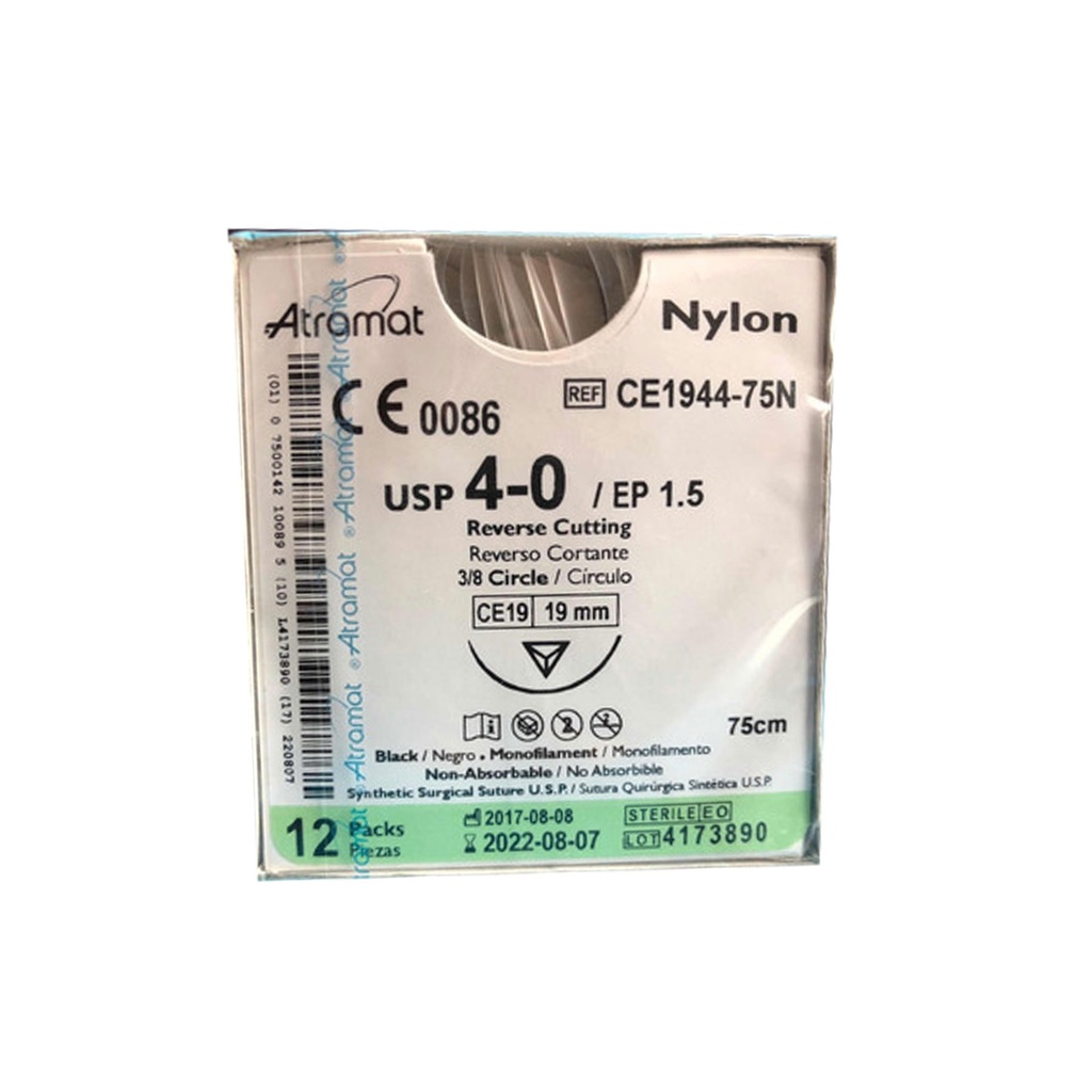 SUTURA NYLON 4/0 19 MM 75 CM 3/8 REVERSO CORTANTE C/12 CE1944-75N ATRAMAT