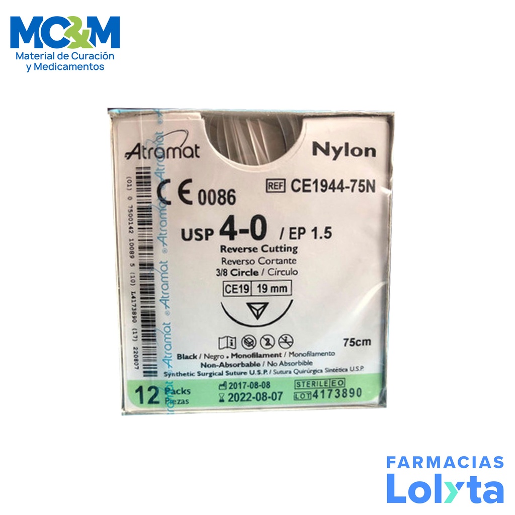 SUTURA NYLON 4/0 19 MM 75 CM 3/8 REVERSO CORTANTE C/12 CE1944-75N ATRAMAT