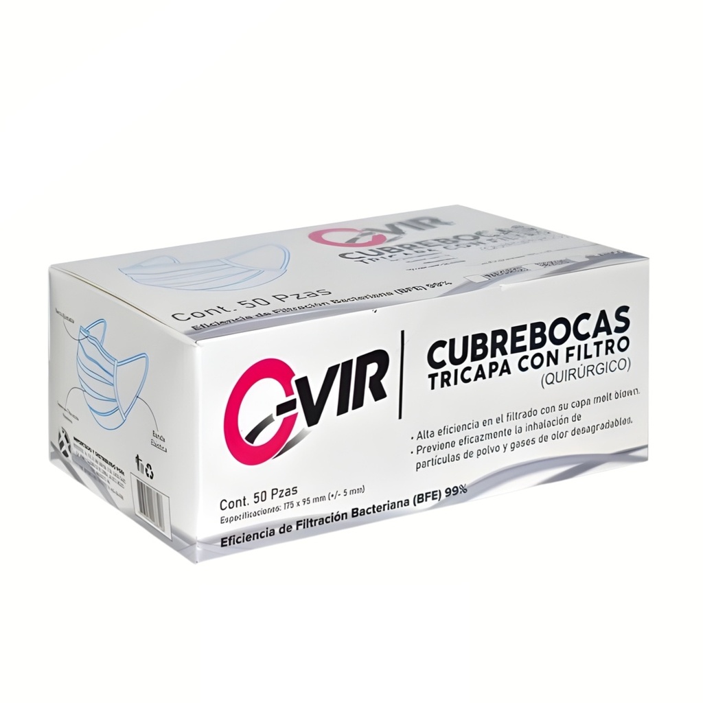 CUBREBOCAS TRICAPA CON FILTRO (QUIRURGICO) C/50 PZAS O-VIR