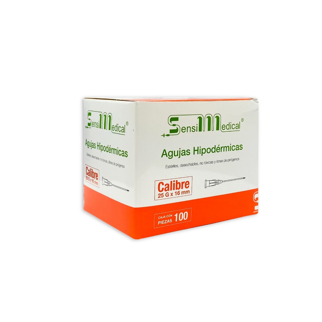 AGUJA HIPODERMICA 25G X 16 MM C/100 NARANJA SENSIMEDICAL