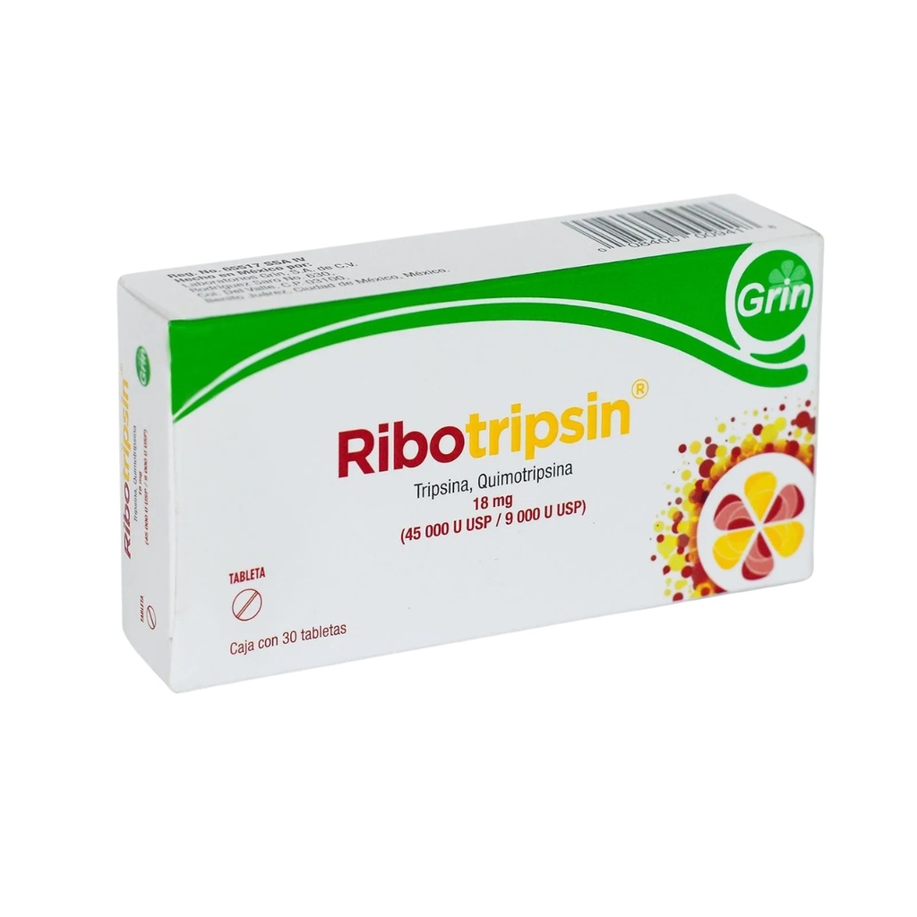 RIBOTRIPSIN 18 MG (45 000/9 000 U USP) C/30 TAB TRIPSINA QUIMOTRIPSINA LAB GRIN