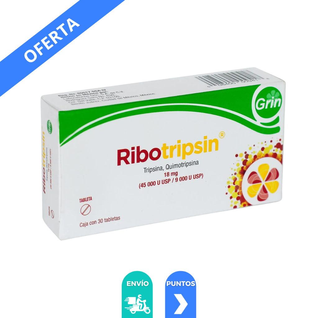RIBOTRIPSIN 18 MG (45 000/9 000 U USP) C/30 TAB TRIPSINA QUIMOTRIPSINA LAB GRIN