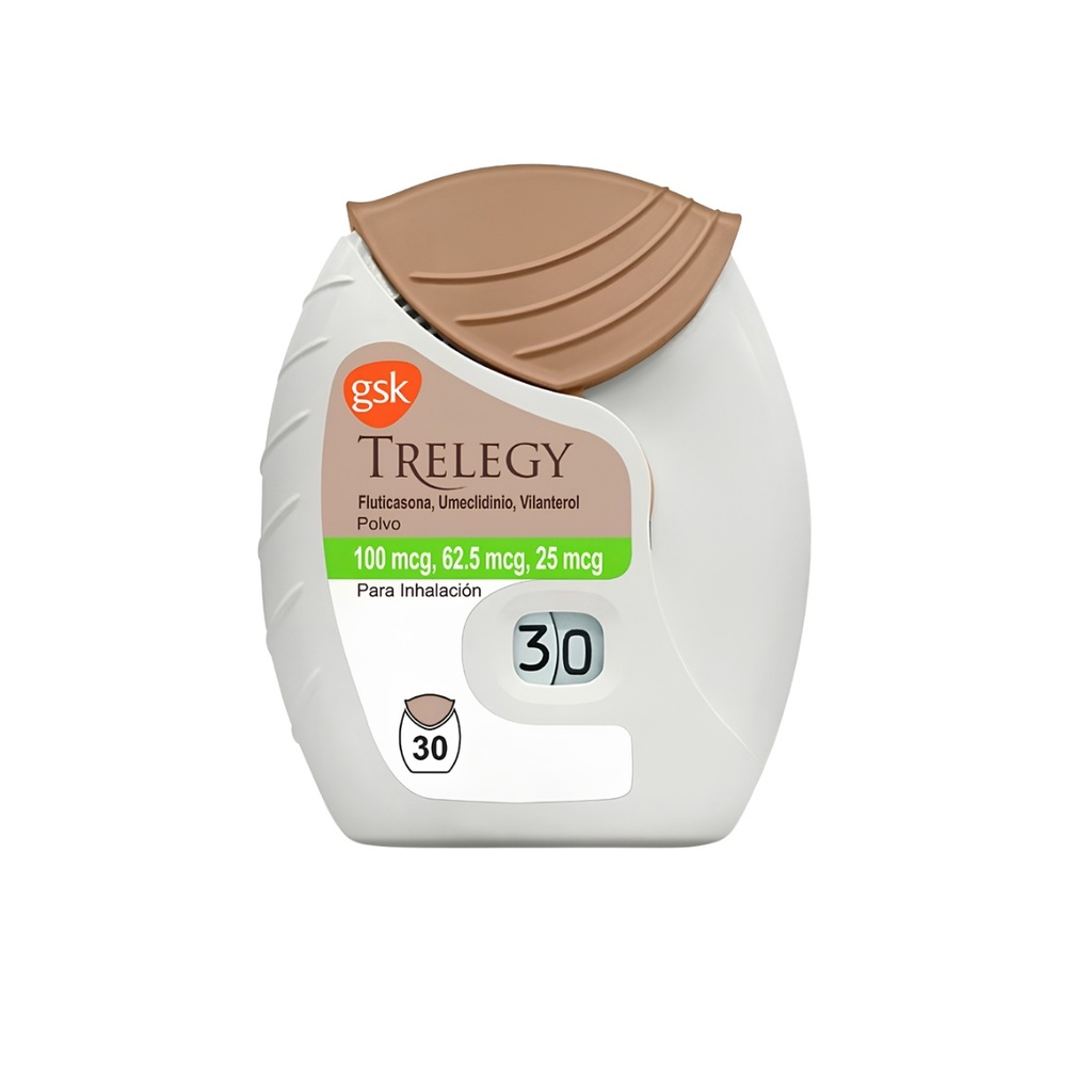 TRELEGY POLVO PARA INHALACION BUCAL 100/62.5/25 MCG C/30 DOSIS FLUTICASONA UMECLIDINIO VILANTEROL LAB GSK