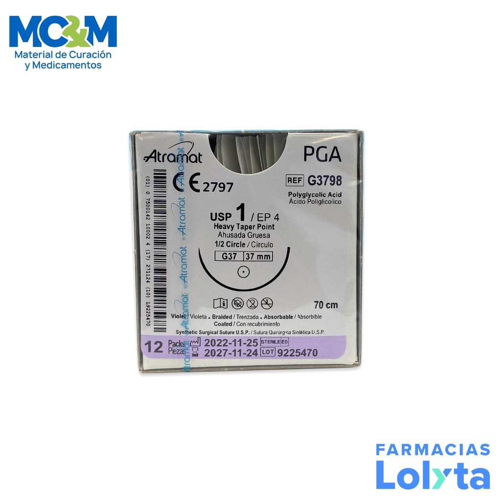 SUTURA ACIDO POLIGLICOLICO 1 37,36 MM 70 CM 1/2 AHUSADA GRUESA REDONDA C/12 G3798 ATRAMAT PGA